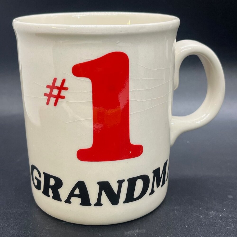 #1 Grandma Coffee Mug Red Black White Ceramic Vintage Made In England *Crazing